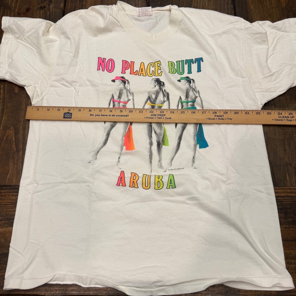 Vintage 1990 No Place Butt Aruba T Shirt Hanes Heavyweight XL Single Stitch Neon - Picture 6 of 7